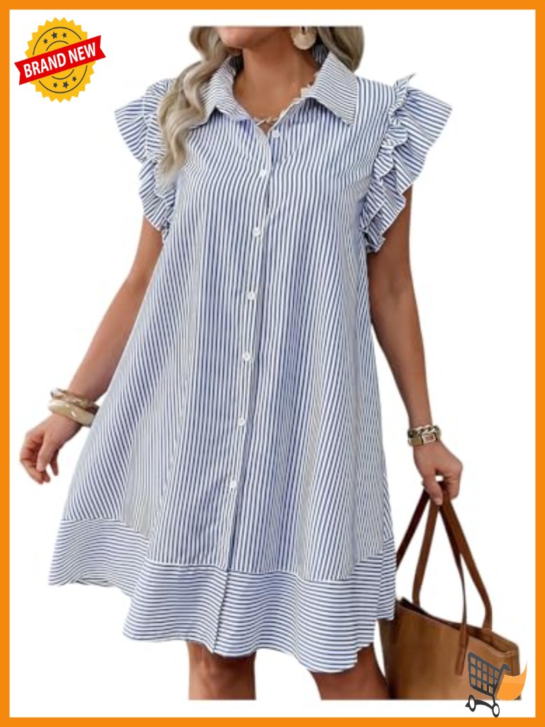 Striped Button Down Shirt Dress With Ruffle Cap Sleeves